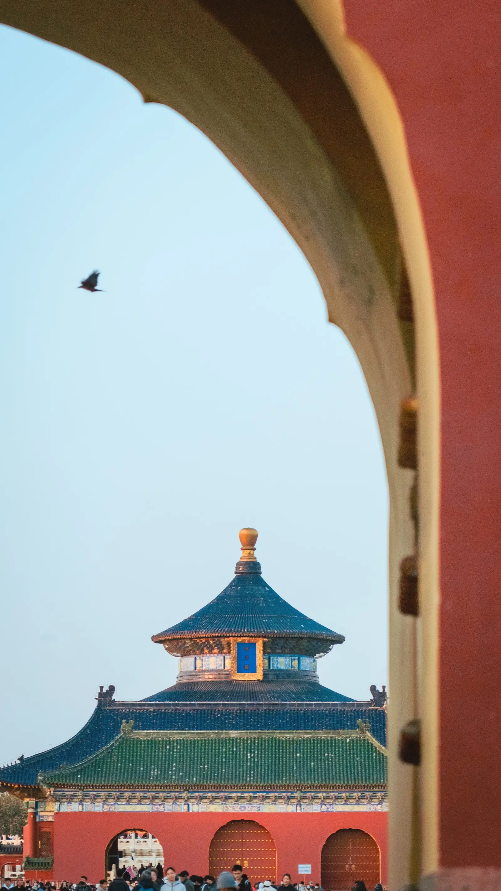 The Hall of Prayer for Good Harvests framed by a red gate arch, Temple of Heaven