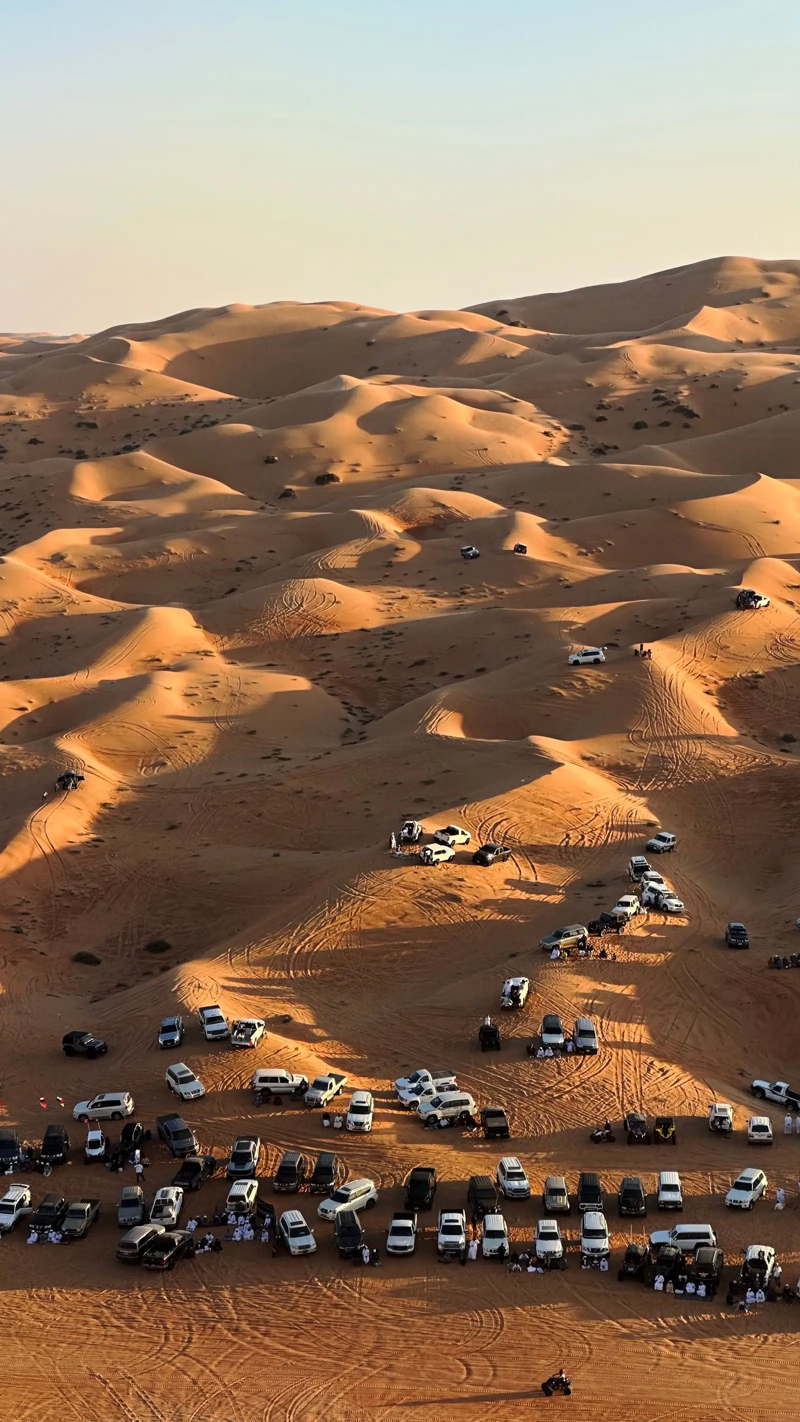 A line of 4x4 vehicles parked across orange sand dunes